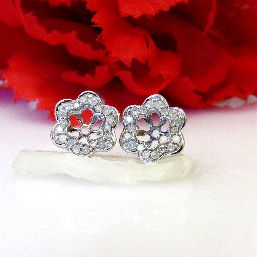 Diamond Flower Earring Enhancer Jackets 10k White Gold Natural Genuine Real - Picture 7 of 9
